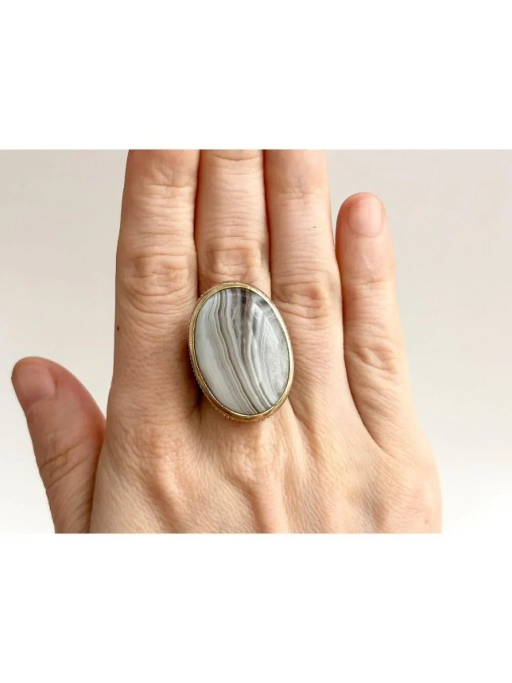 Grey Banded Agate Polished Cabochon Sterling Silver 925 Vintage Ring - sz 8